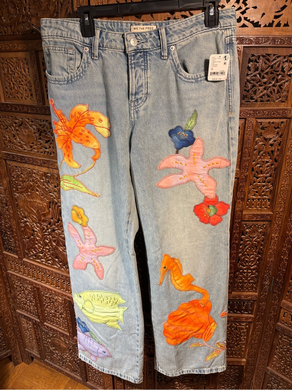 We The Free Light Wash Straight Leg Jeans with Multicolor Sea Life Appliqués